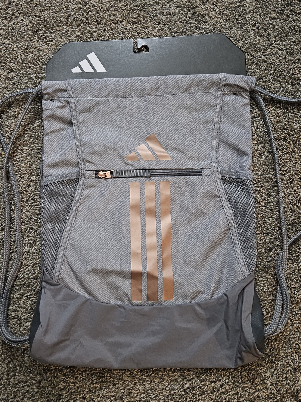 adidas Men’s Gray Drawstring Backpack with Rose Gold Trim